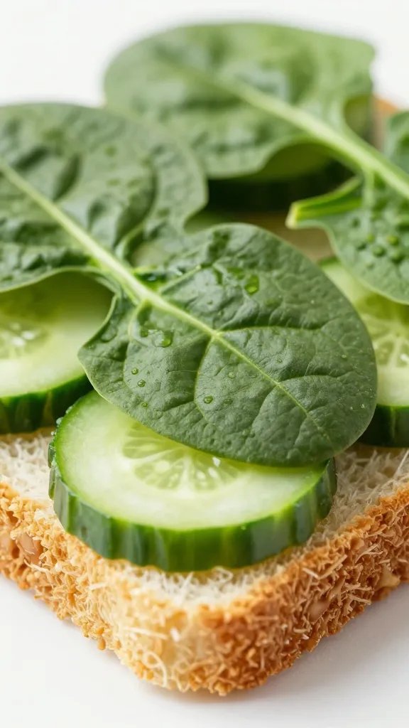 spinach-leaf barrier in tiny cucumber tea sandwich, closeup
