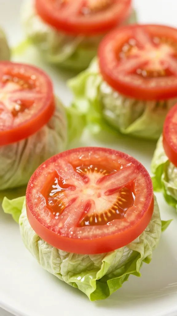 tomato slices wrapped in lettuce inside mini roll, macro