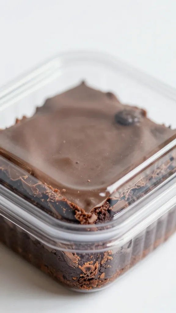 closeup brownie square in clear lidded deli container