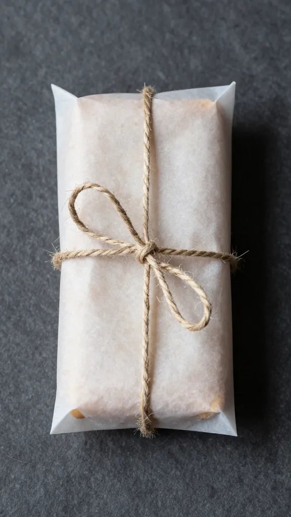 shortbread bar wrapped in parchment, twine-tied, overhead