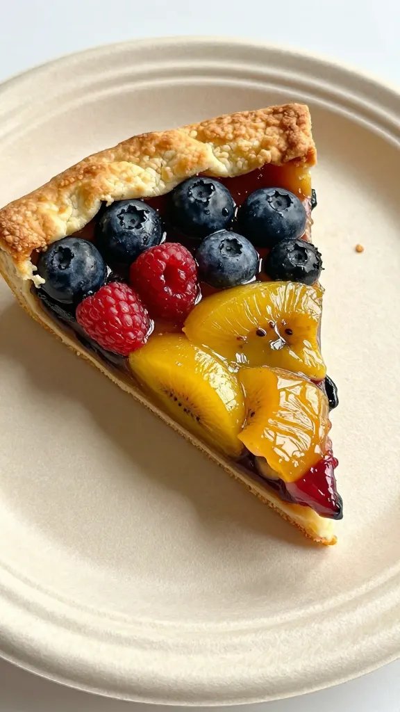 sturdy fruit galette slice on compostable plate, closeup