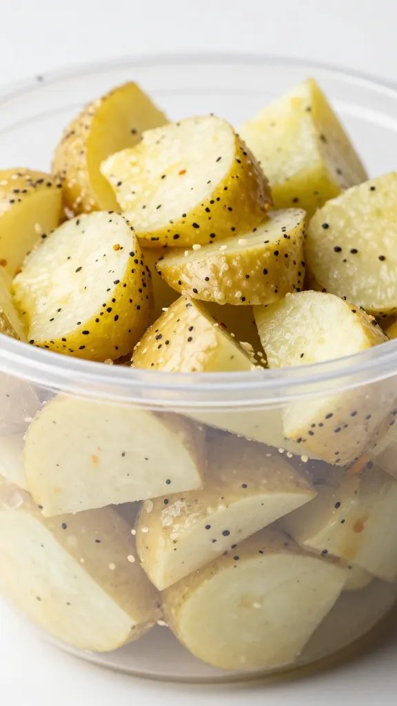 closeup of deli potato salad in clear plastic tub