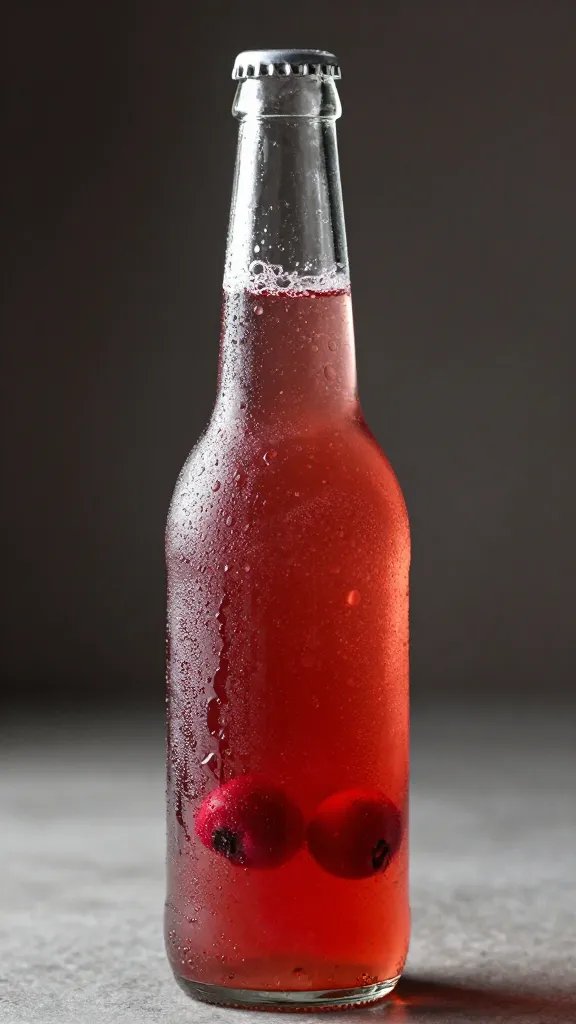single chilled bottle of cranberry spritz with condensation