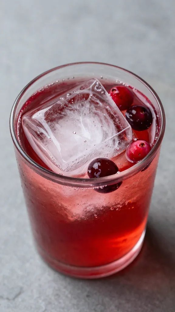 single large ice cube in cranberry spritz, top view
