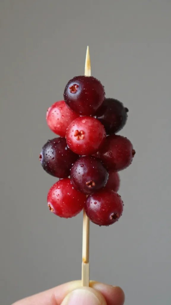 fresh cranberry garnish skewered on cocktail pick