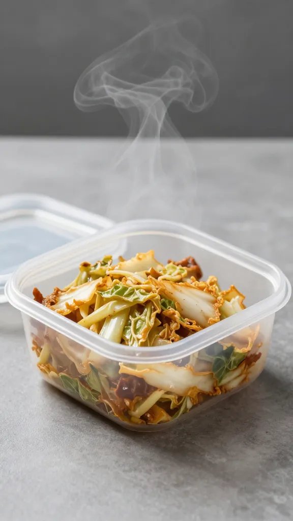 single picnic container of fried cabbage, lid ajar, steam-free
