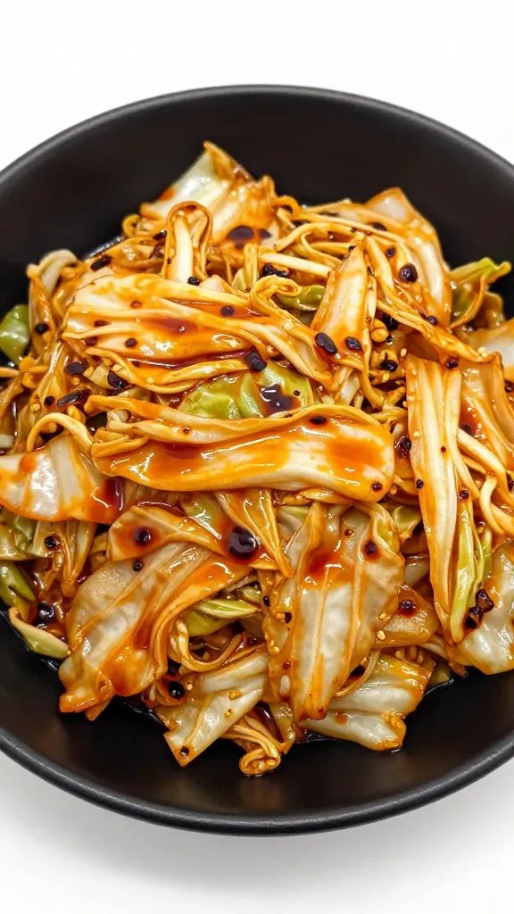 fried cabbage with chili oil sheen in black bowl