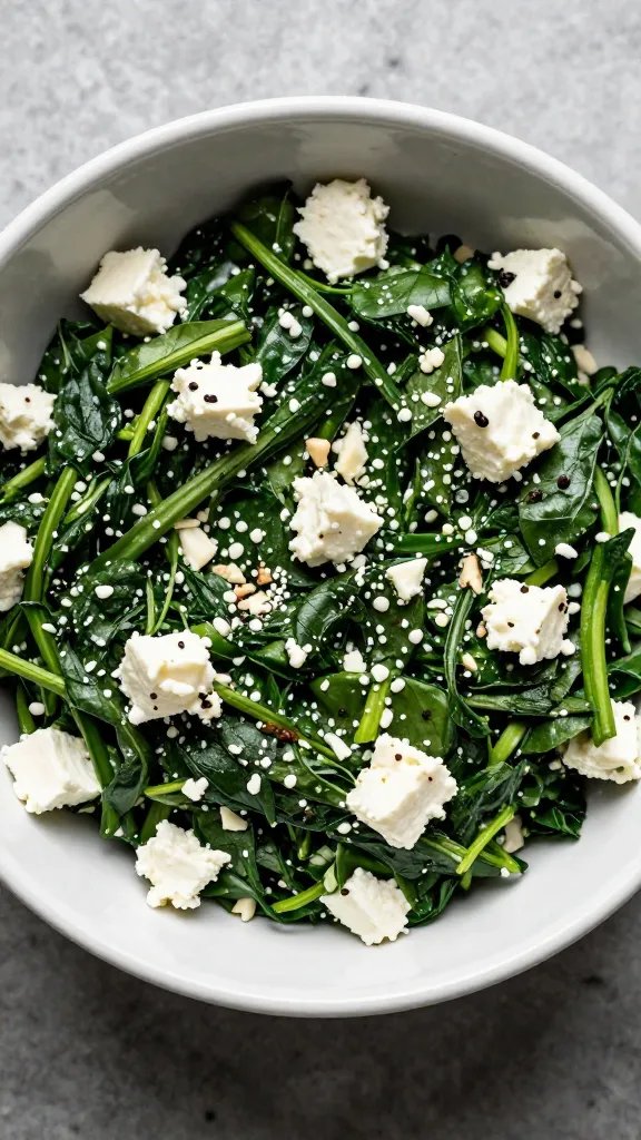 diced spinach and feta filling in small bowl, overhead