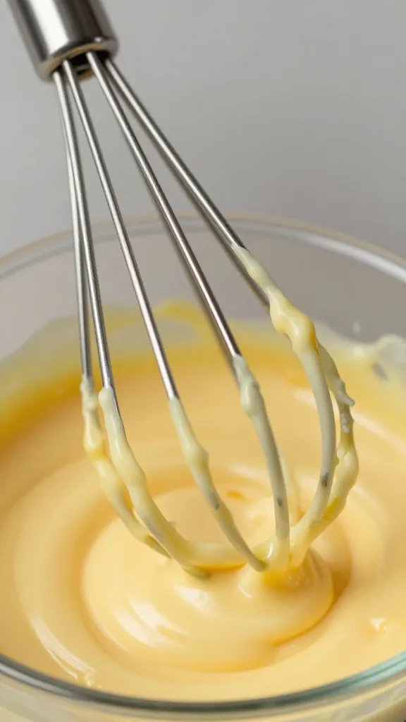 stainless whisk coated with custard, macro shot