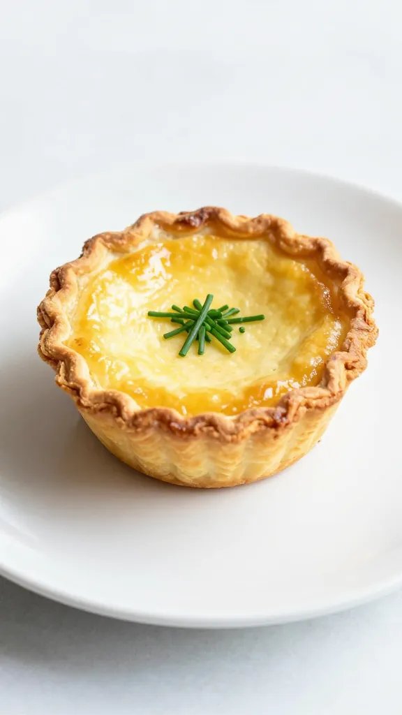 golden mini quiche with chive garnish on white plate