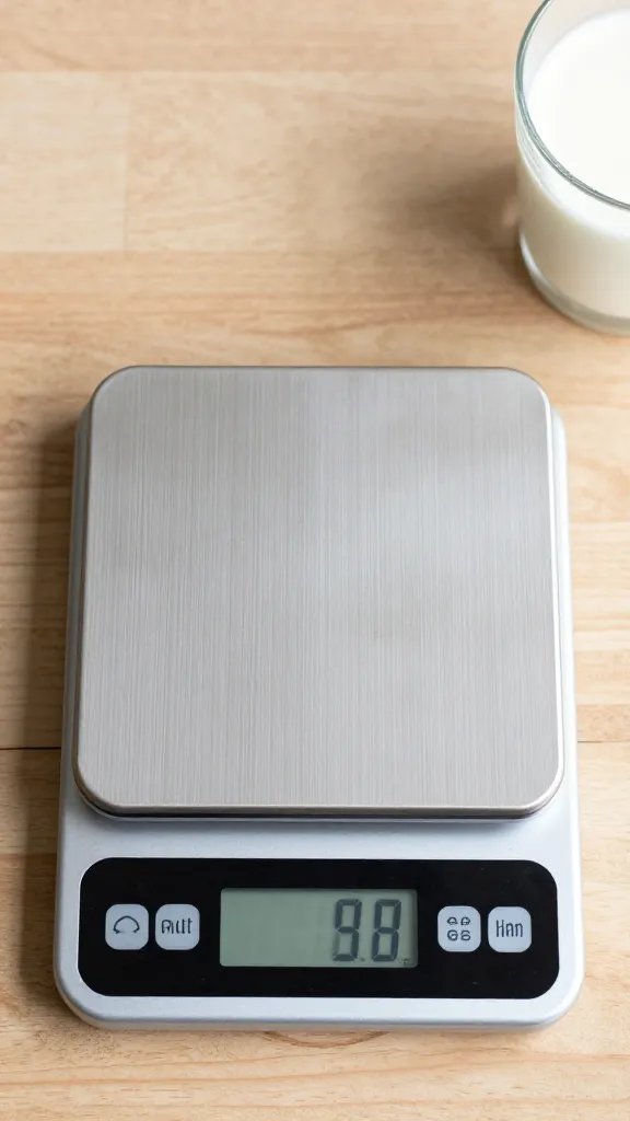 digital kitchen scale displaying milk grams