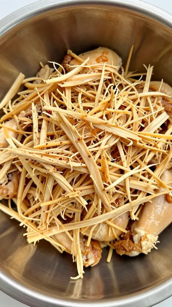closeup shredded rotisserie chicken in stainless prep bowl