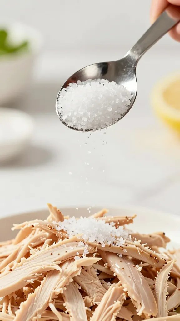measuring spoon sprinkling flaky salt over shredded chicken, macro