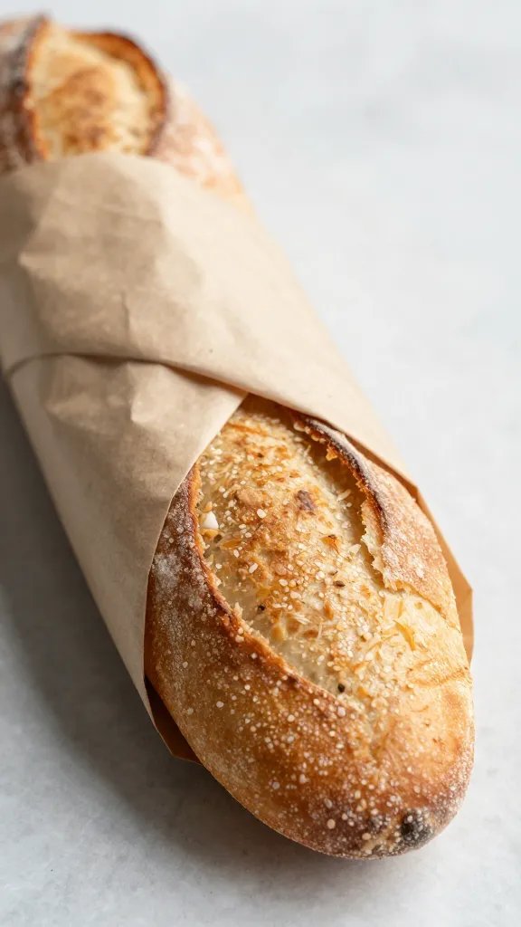 single baguette half wrapped in parchment with chicken, closeup