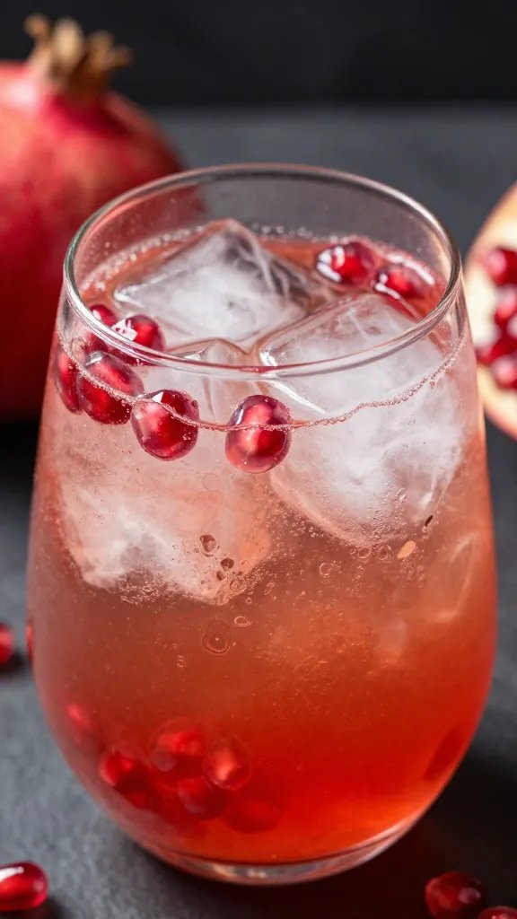 closeup pomegranate spritz in stemless glass with ice