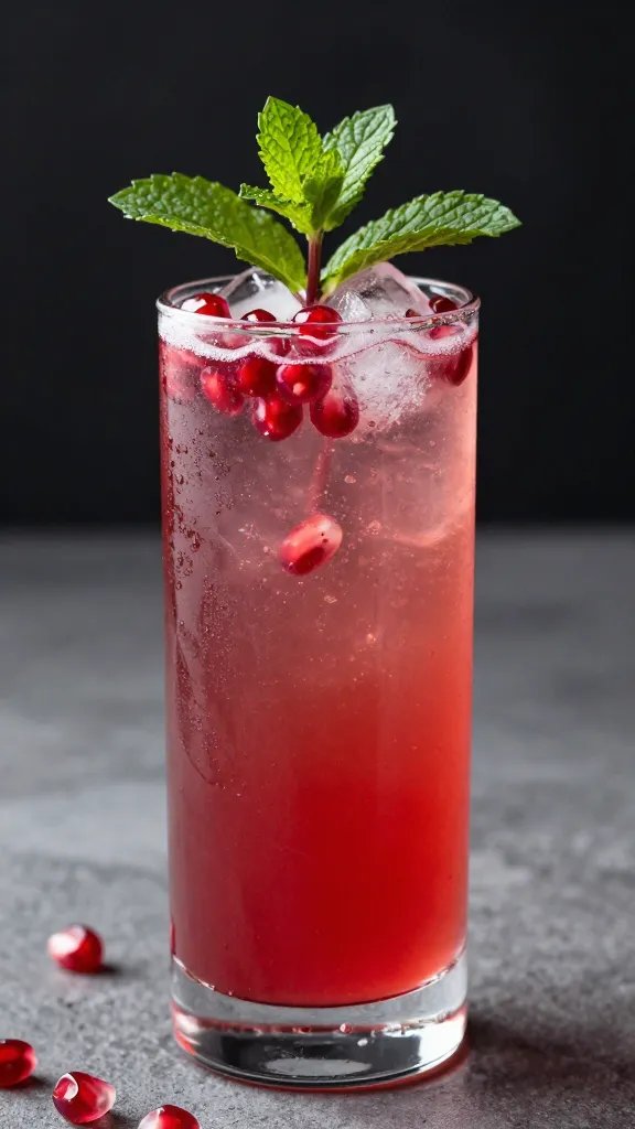 mint sprig standing upright in pomegranate spritz