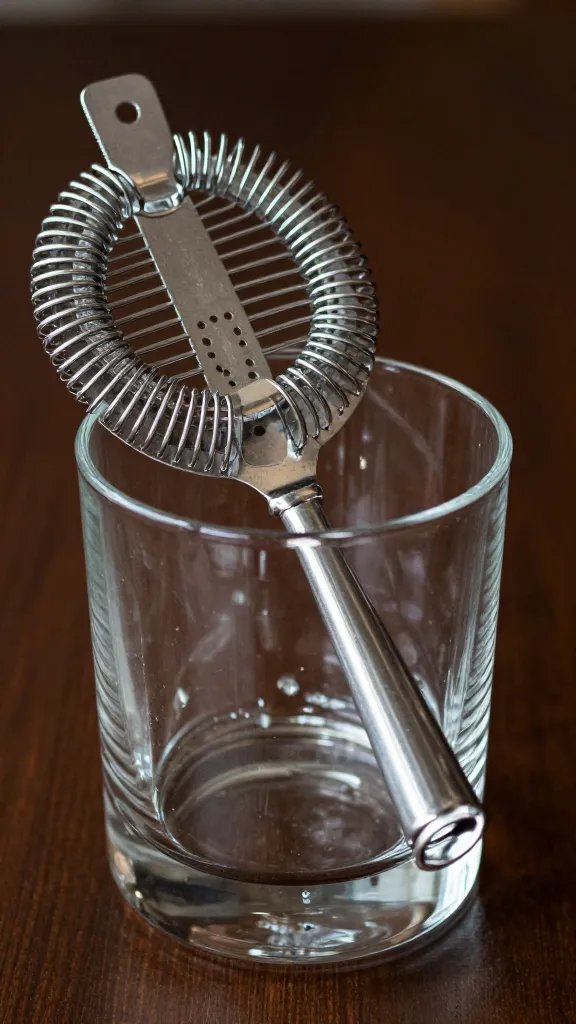 metal cocktail strainer resting on rocks glass