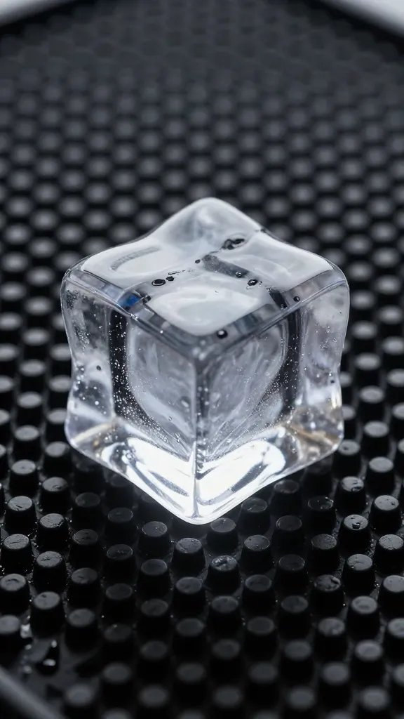 single large clear ice cube on bar mat