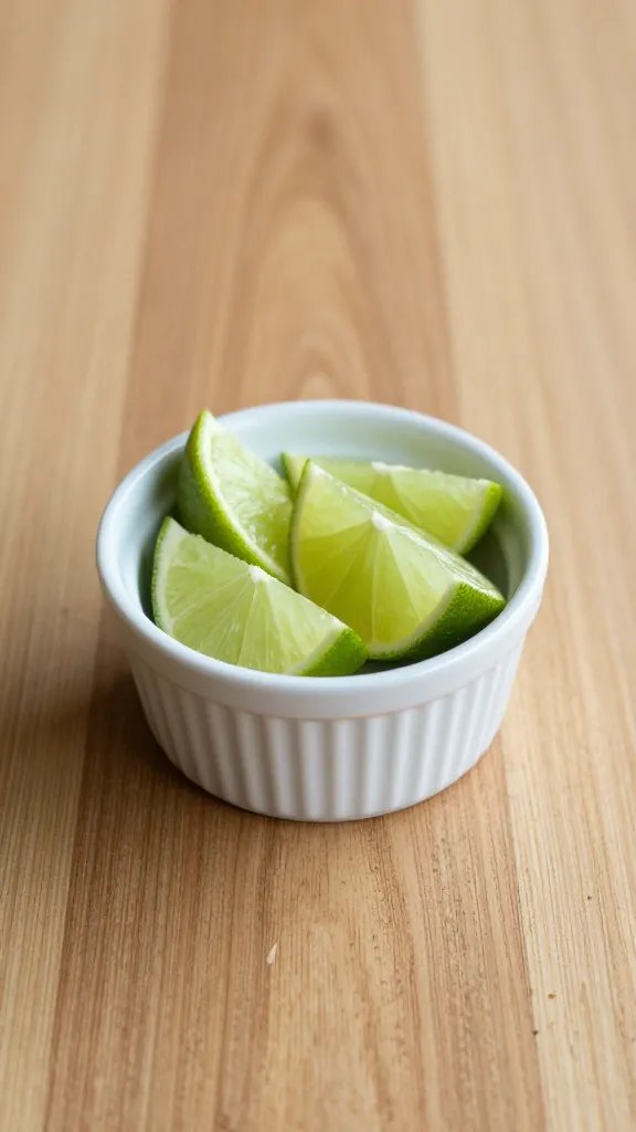 one small ramekin of lime wedges on oak table