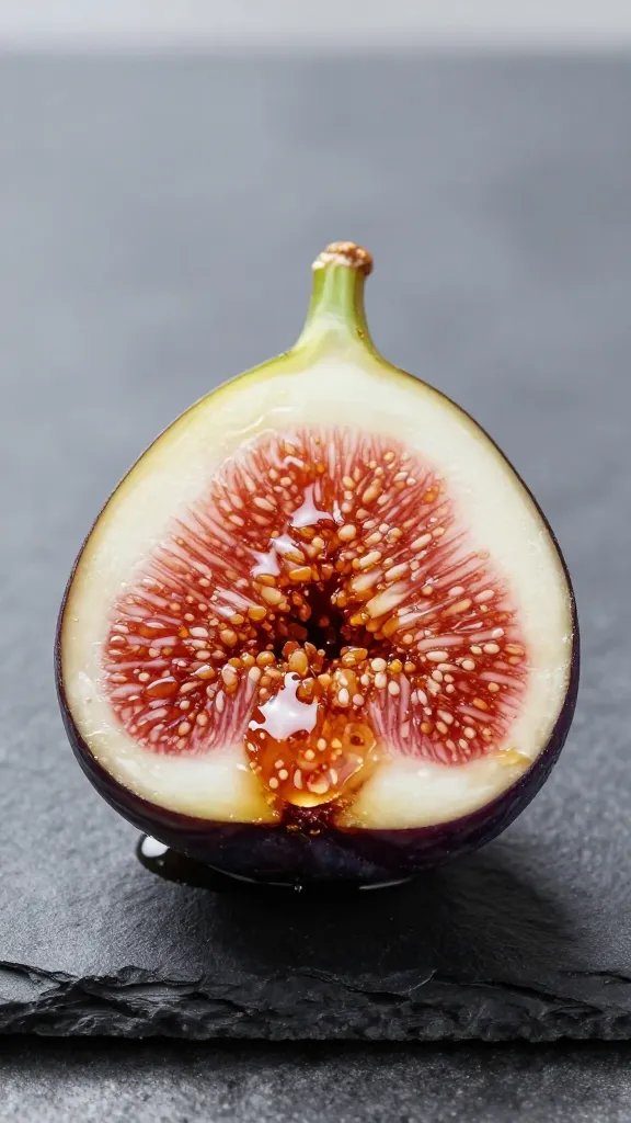 Single honey-drizzled fig half on slate board