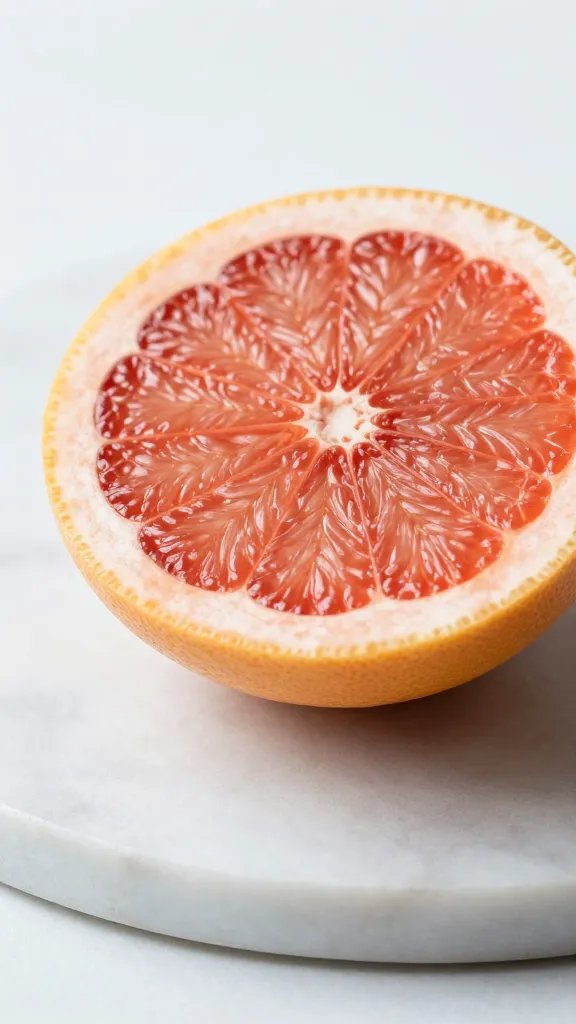 Closeup of ruby grapefruit wedge on marble slab