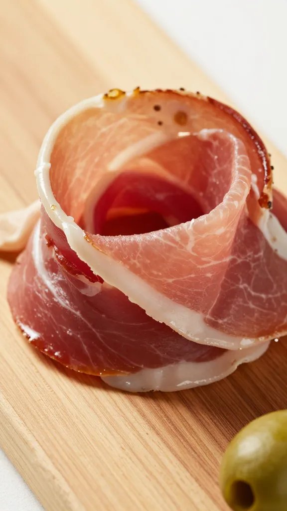 Prosciutto rosette on olive-wood board, tight macro