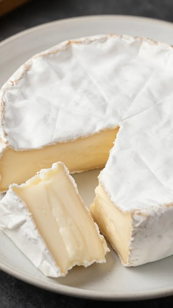 Triple-cream brie wedge with knife mark, closeup