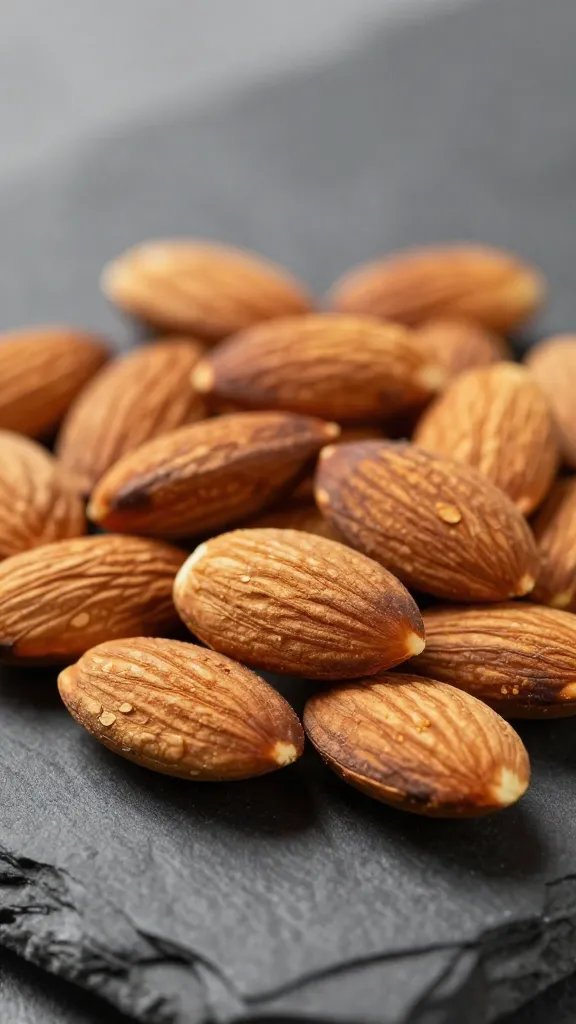 Toasted almond pile on slate, shallow depth of field