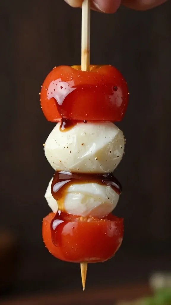 Closeup of caprese skewer with balsamic glaze drip