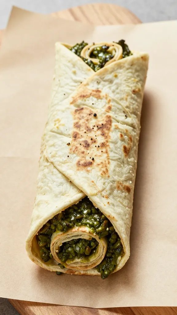 Single turkey pesto pinwheel wrap on kraft parchment