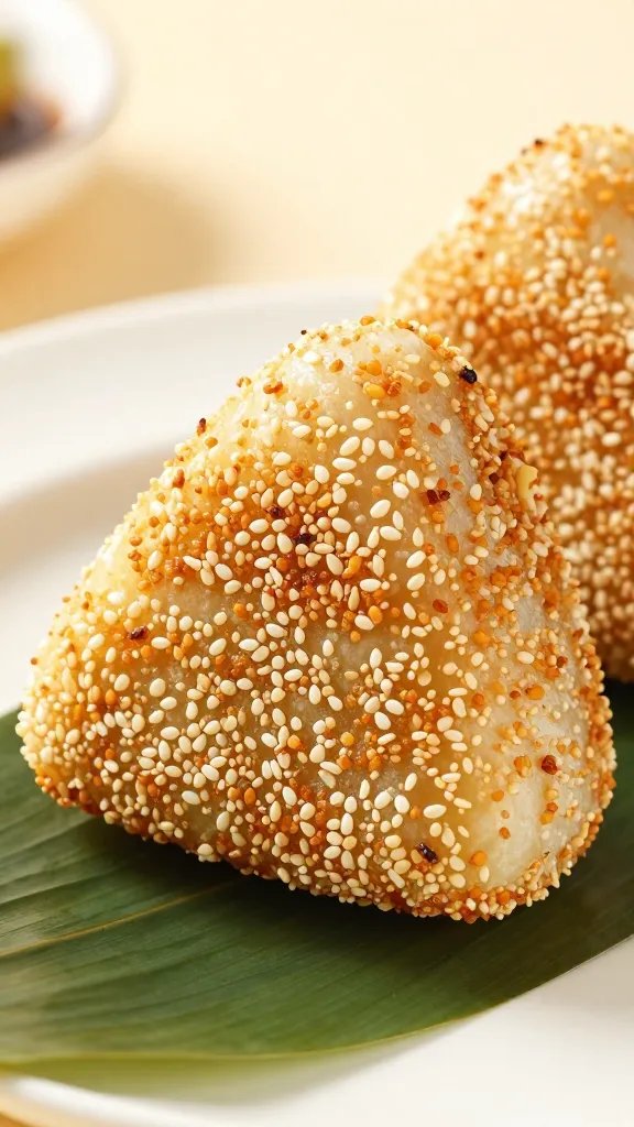 Closeup of sesame-crusted onigiri triangle on banana leaf