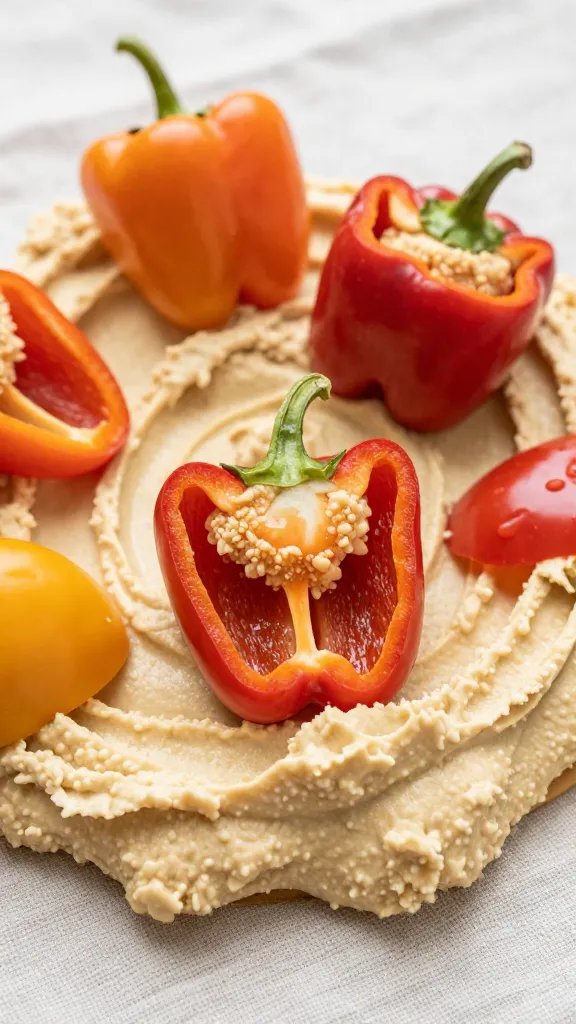 Closeup of hummus-stuffed mini sweet pepper on linen