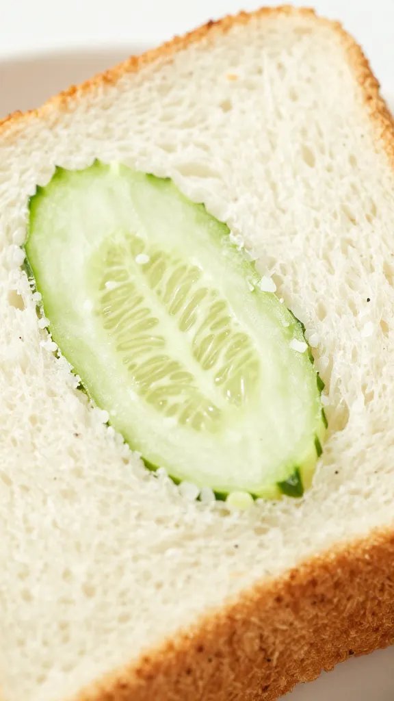 Closeup of cucumber tea sandwich with clean diagonal cut