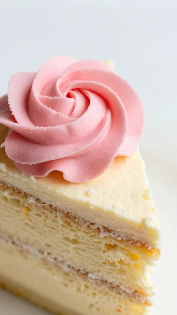 buttercream cake slice with pink rosette, macro