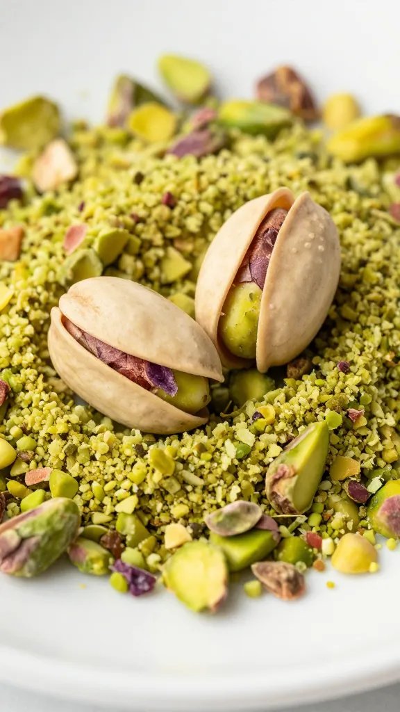pistachio crumb sprinkle on plate, extreme closeup
