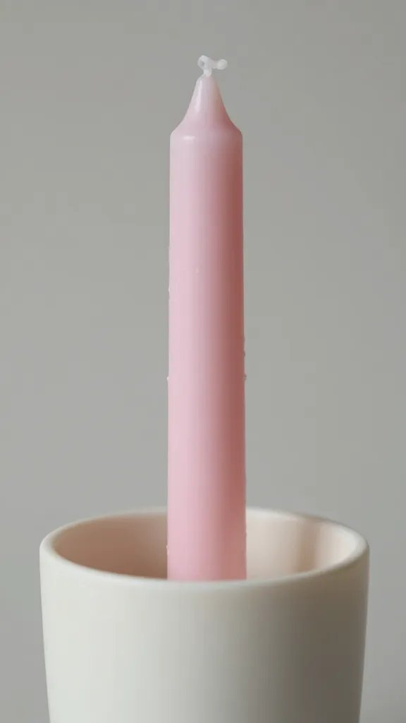 single pink taper candle in off-white holder, closeup