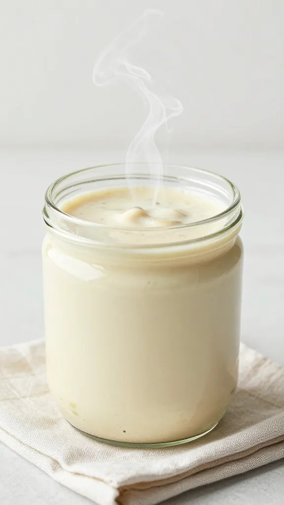 steaming clam chowder in straight-sided jar on picnic napkin