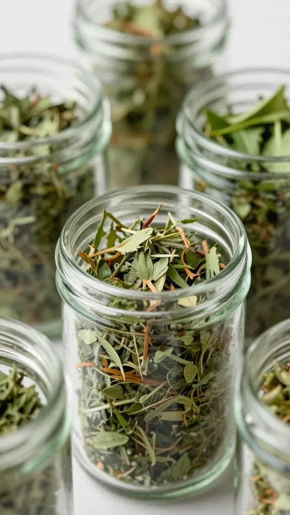 closeup of chopped herbs in tiny canning jar