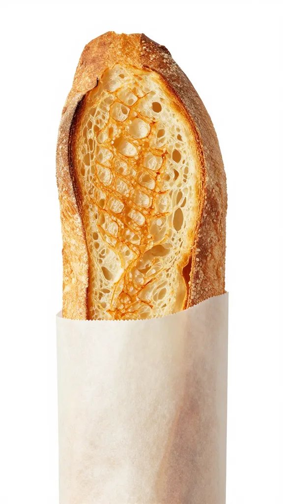 toasted baguette slice in parchment sleeve, crisp texture
