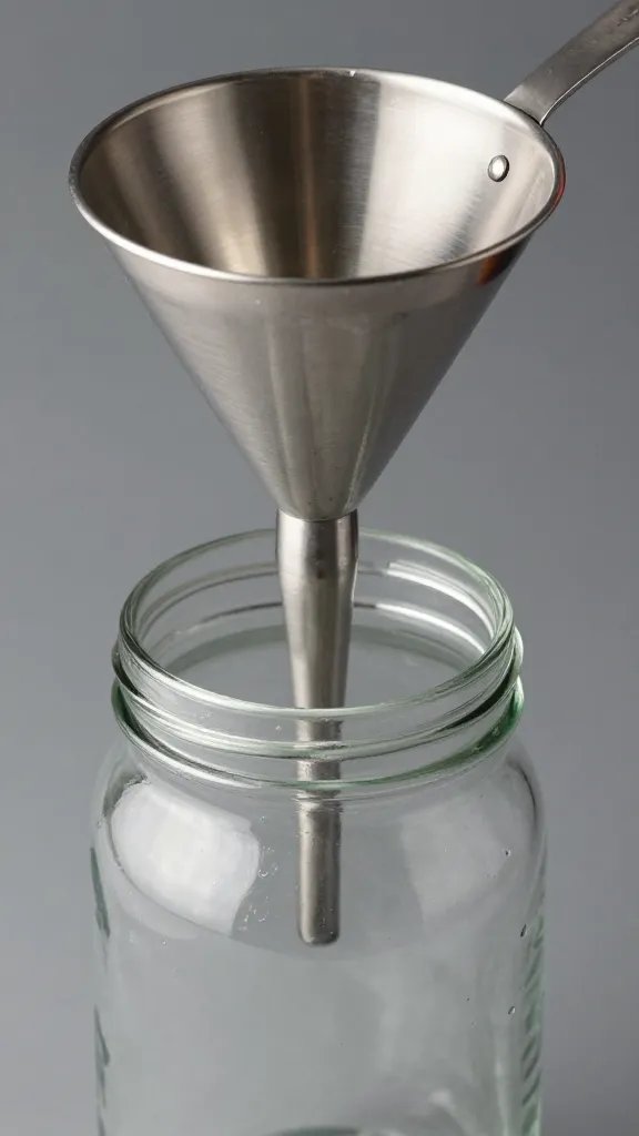 stainless jar funnel positioned over wide-mouth jar