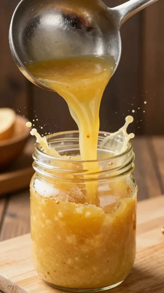 ladle pouring chowder into jar, splash frozen midair