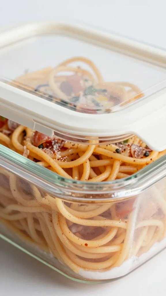 Closeup of cold picnic spaghetti in airtight glass container