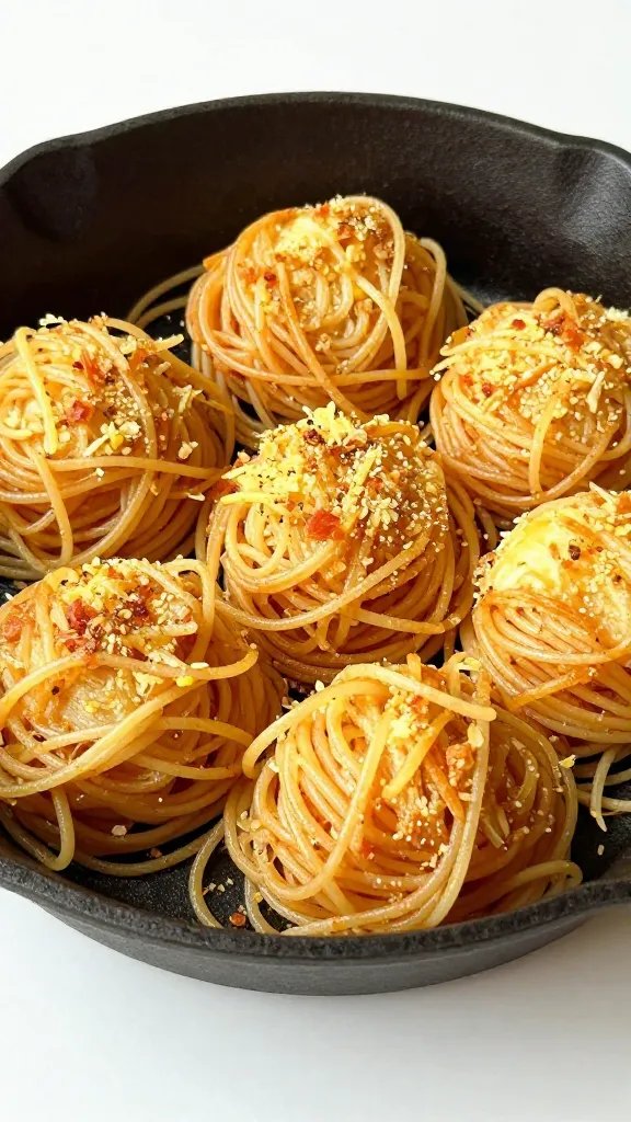 Single cast-iron skillet of crispy spaghetti frittelle, golden