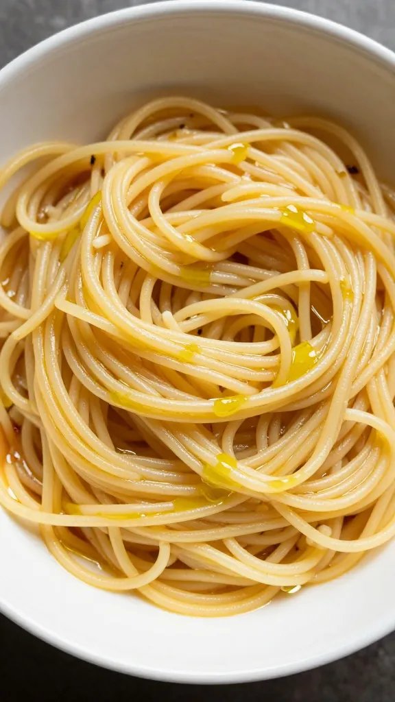 Bowl of leftover spaghetti glistening with olive oil drizzle