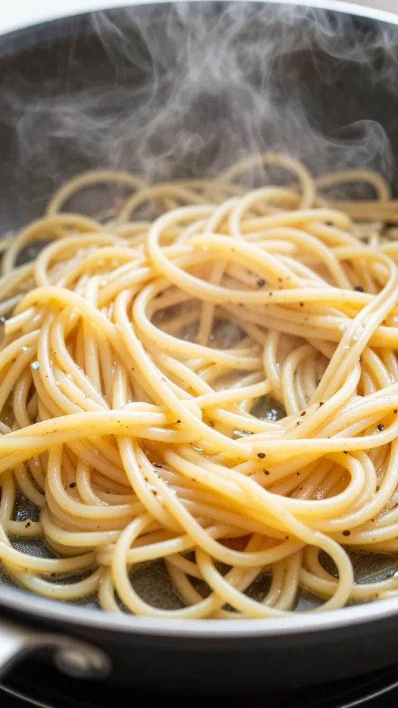 Spaghetti reheating in nonstick pan with steam, tight closeup