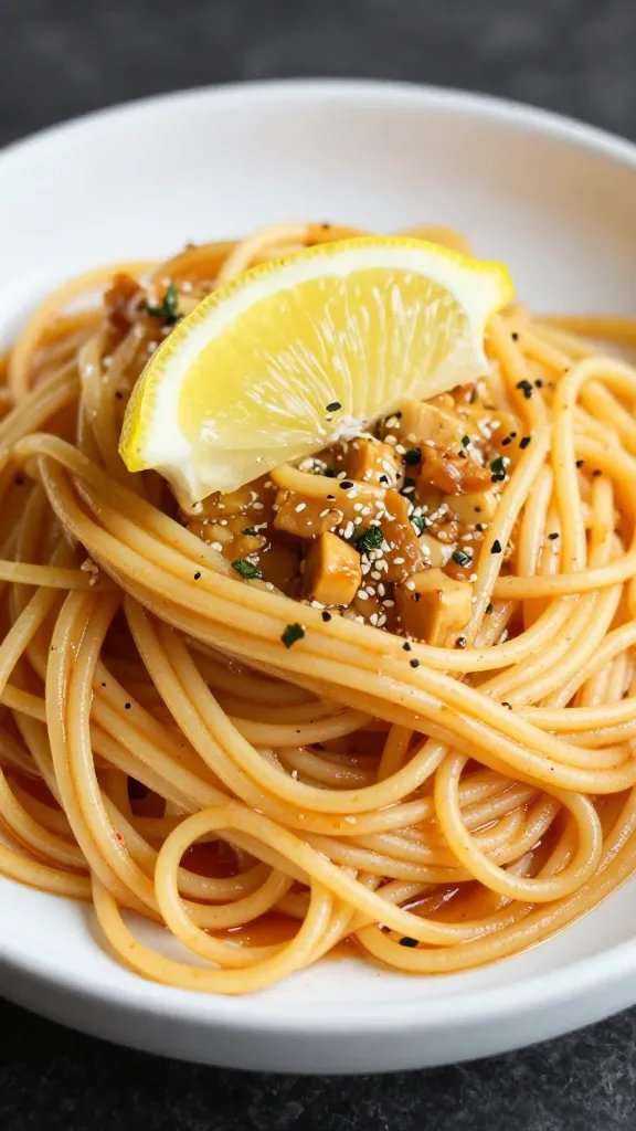 Spaghetti stir-fry tangle with bright lemon wedge garnish