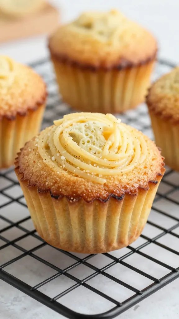 Single-serving spaghetti muffin, browned edges, cooling rack