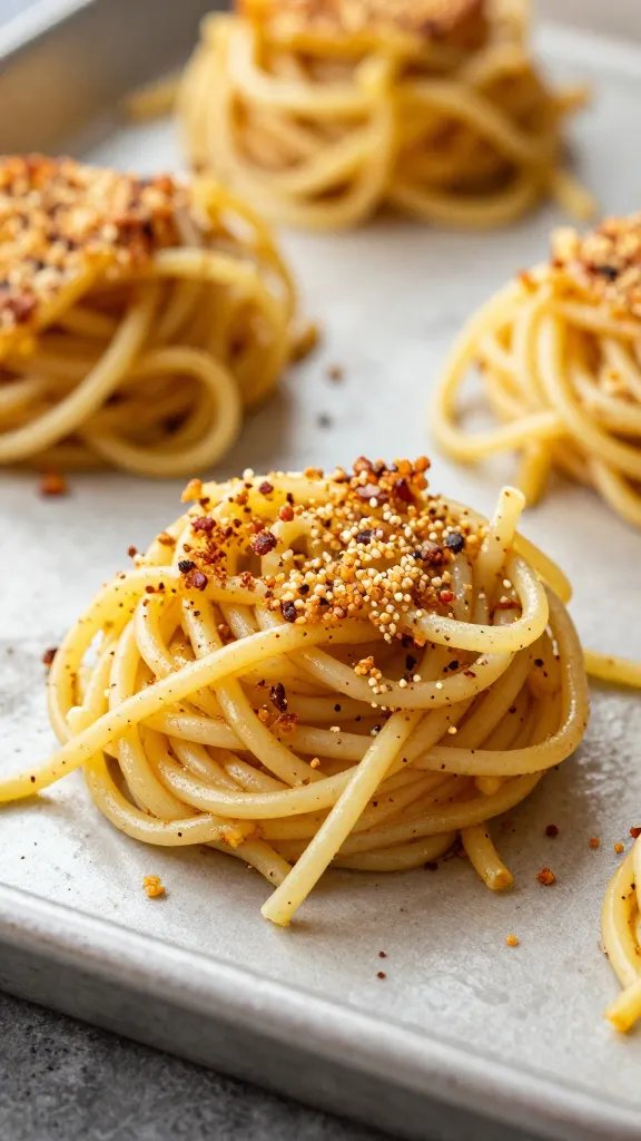 Spaghetti patty on sheet pan, crunchy strands, macro