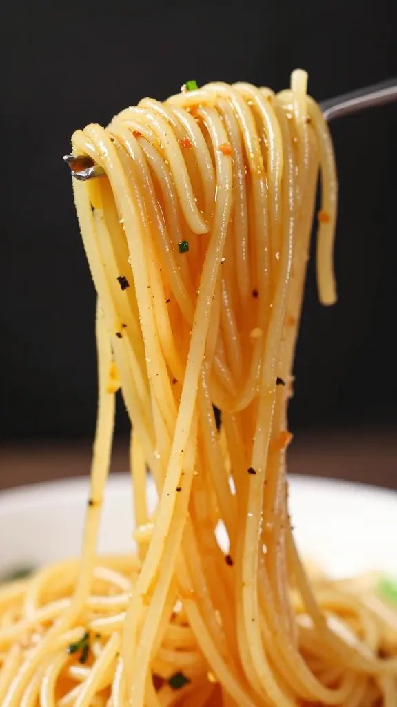 Closeup of tongs lifting oiled spaghetti, glossy strands