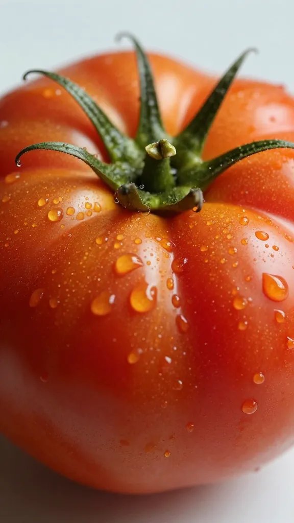 closeup of ripe Roma tomato, sunlit, dewdrops on skin